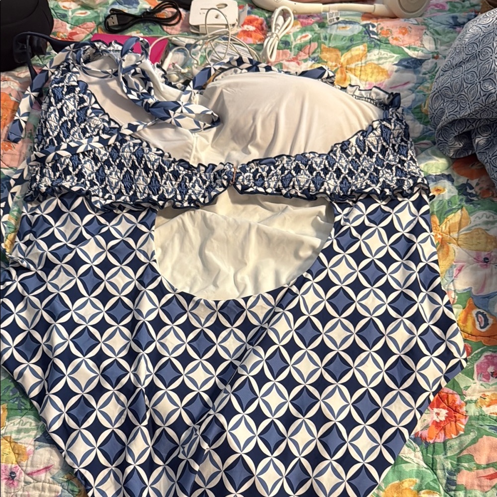 Anthropologie Blue and White Geometric One Piece Swimwear - Picture 2 of 2